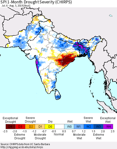 Southern Asia SPI 1-Month Drought Severity (CHIRPS) Thematic Map For 7/6/2019 - 8/5/2019