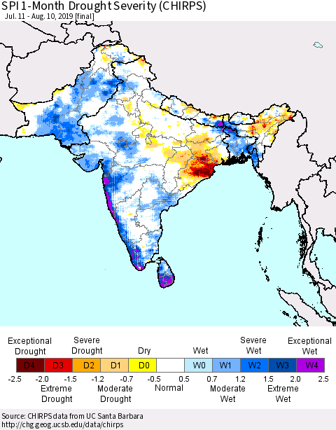 Southern Asia SPI 1-Month Drought Severity (CHIRPS) Thematic Map For 7/11/2019 - 8/10/2019