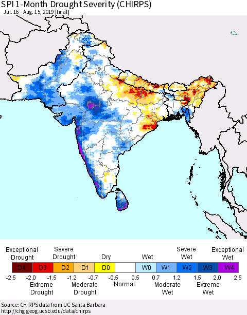 Southern Asia SPI 1-Month Drought Severity (CHIRPS) Thematic Map For 7/16/2019 - 8/15/2019
