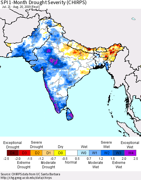 Southern Asia SPI 1-Month Drought Severity (CHIRPS) Thematic Map For 7/21/2019 - 8/20/2019