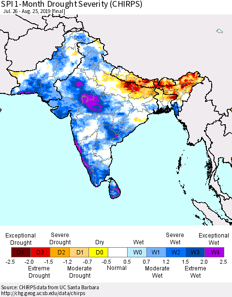 Southern Asia SPI 1-Month Drought Severity (CHIRPS) Thematic Map For 7/26/2019 - 8/25/2019