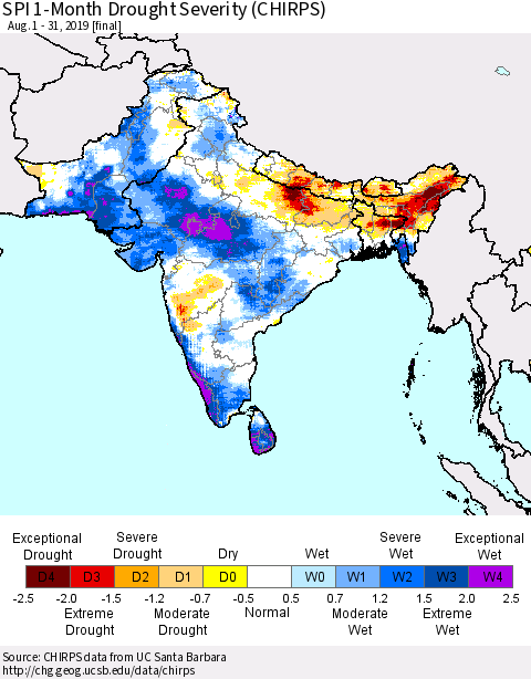 Southern Asia SPI 1-Month Drought Severity (CHIRPS) Thematic Map For 8/1/2019 - 8/31/2019