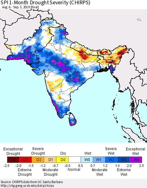 Southern Asia SPI 1-Month Drought Severity (CHIRPS) Thematic Map For 8/6/2019 - 9/5/2019