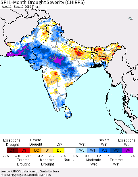 Southern Asia SPI 1-Month Drought Severity (CHIRPS) Thematic Map For 8/11/2019 - 9/10/2019