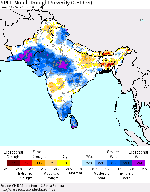 Southern Asia SPI 1-Month Drought Severity (CHIRPS) Thematic Map For 8/16/2019 - 9/15/2019