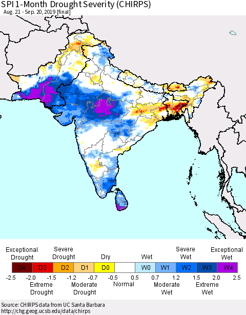 Southern Asia SPI 1-Month Drought Severity (CHIRPS) Thematic Map For 8/21/2019 - 9/20/2019
