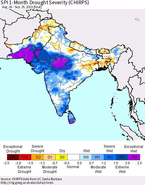 Southern Asia SPI 1-Month Drought Severity (CHIRPS) Thematic Map For 8/26/2019 - 9/25/2019