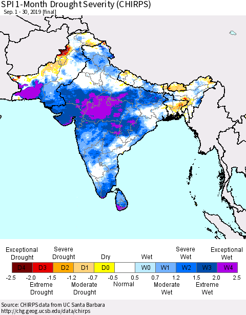 Southern Asia SPI 1-Month Drought Severity (CHIRPS) Thematic Map For 9/1/2019 - 9/30/2019