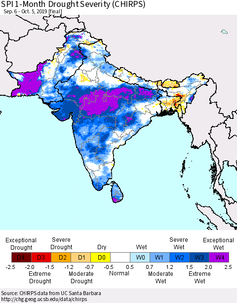 Southern Asia SPI 1-Month Drought Severity (CHIRPS) Thematic Map For 9/6/2019 - 10/5/2019