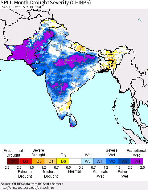 Southern Asia SPI 1-Month Drought Severity (CHIRPS) Thematic Map For 9/16/2019 - 10/15/2019