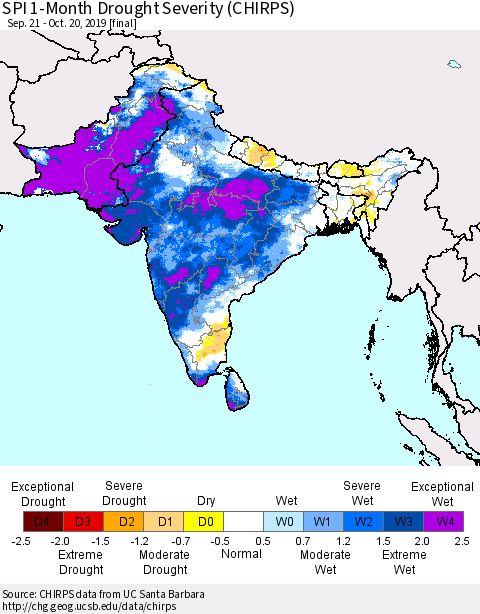 Southern Asia SPI 1-Month Drought Severity (CHIRPS) Thematic Map For 9/21/2019 - 10/20/2019