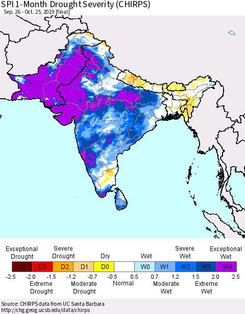 Southern Asia SPI 1-Month Drought Severity (CHIRPS) Thematic Map For 9/26/2019 - 10/25/2019