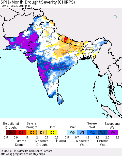 Southern Asia SPI 1-Month Drought Severity (CHIRPS) Thematic Map For 10/6/2019 - 11/5/2019