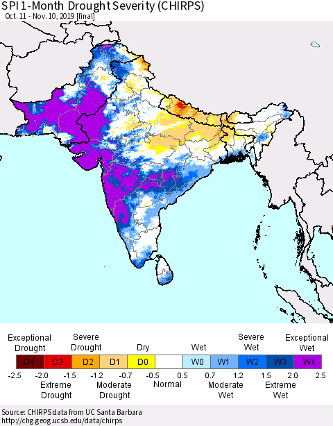 Southern Asia SPI 1-Month Drought Severity (CHIRPS) Thematic Map For 10/11/2019 - 11/10/2019