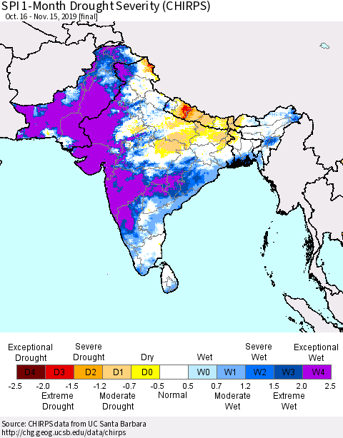 Southern Asia SPI 1-Month Drought Severity (CHIRPS) Thematic Map For 10/16/2019 - 11/15/2019