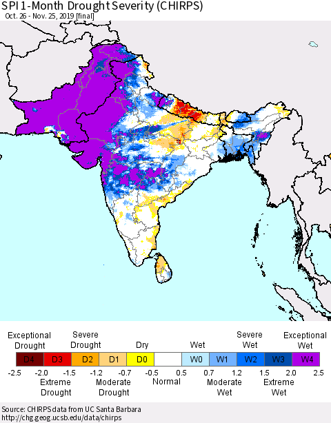 Southern Asia SPI 1-Month Drought Severity (CHIRPS) Thematic Map For 10/26/2019 - 11/25/2019