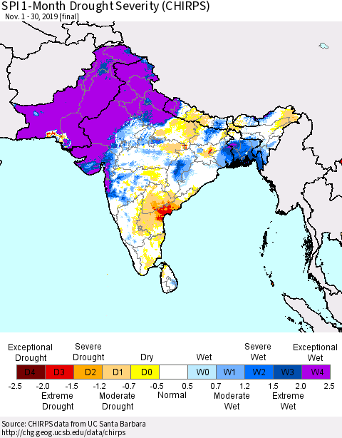 Southern Asia SPI 1-Month Drought Severity (CHIRPS) Thematic Map For 11/1/2019 - 11/30/2019