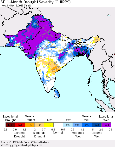 Southern Asia SPI 1-Month Drought Severity (CHIRPS) Thematic Map For 11/6/2019 - 12/5/2019