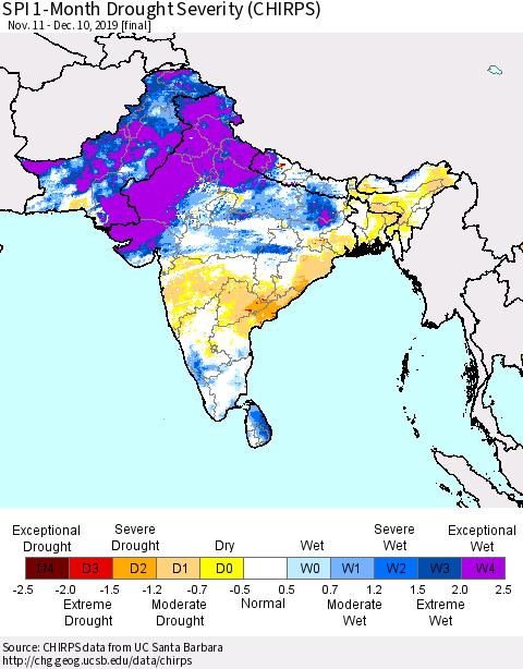 Southern Asia SPI 1-Month Drought Severity (CHIRPS) Thematic Map For 11/11/2019 - 12/10/2019