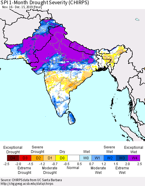 Southern Asia SPI 1-Month Drought Severity (CHIRPS) Thematic Map For 11/16/2019 - 12/15/2019