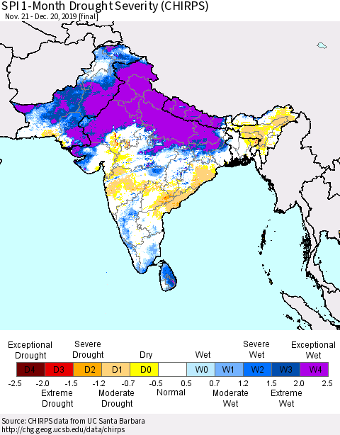 Southern Asia SPI 1-Month Drought Severity (CHIRPS) Thematic Map For 11/21/2019 - 12/20/2019