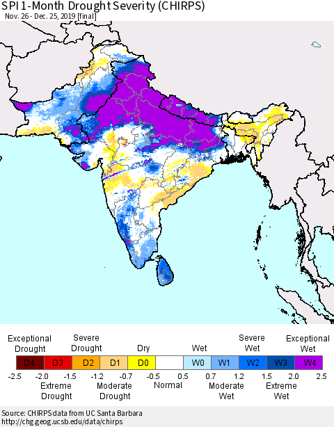 Southern Asia SPI 1-Month Drought Severity (CHIRPS) Thematic Map For 11/26/2019 - 12/25/2019