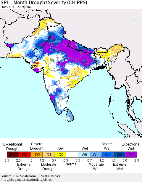 Southern Asia SPI 1-Month Drought Severity (CHIRPS) Thematic Map For 12/1/2019 - 12/31/2019