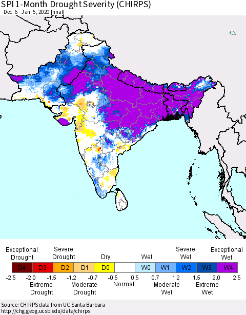 Southern Asia SPI 1-Month Drought Severity (CHIRPS) Thematic Map For 12/6/2019 - 1/5/2020