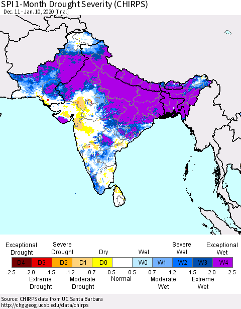 Southern Asia SPI 1-Month Drought Severity (CHIRPS) Thematic Map For 12/11/2019 - 1/10/2020
