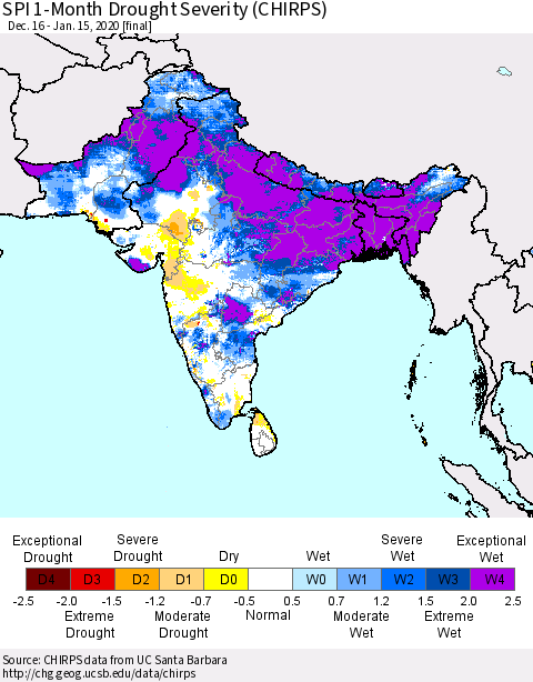 Southern Asia SPI 1-Month Drought Severity (CHIRPS) Thematic Map For 12/16/2019 - 1/15/2020