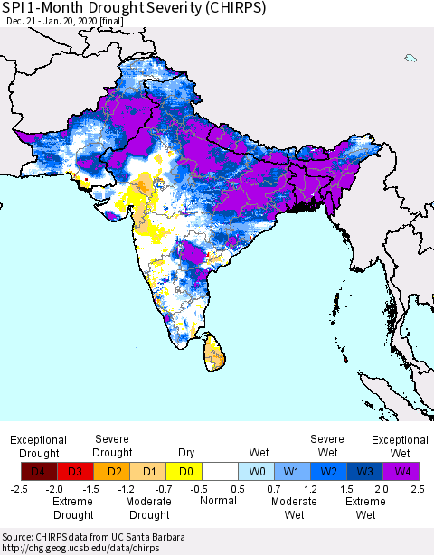 Southern Asia SPI 1-Month Drought Severity (CHIRPS) Thematic Map For 12/21/2019 - 1/20/2020