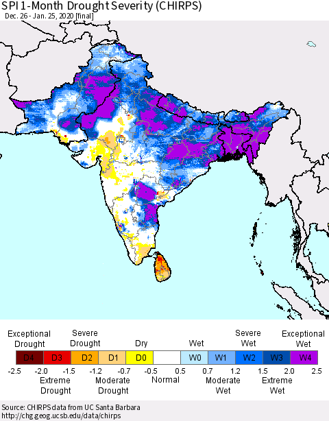 Southern Asia SPI 1-Month Drought Severity (CHIRPS) Thematic Map For 12/26/2019 - 1/25/2020