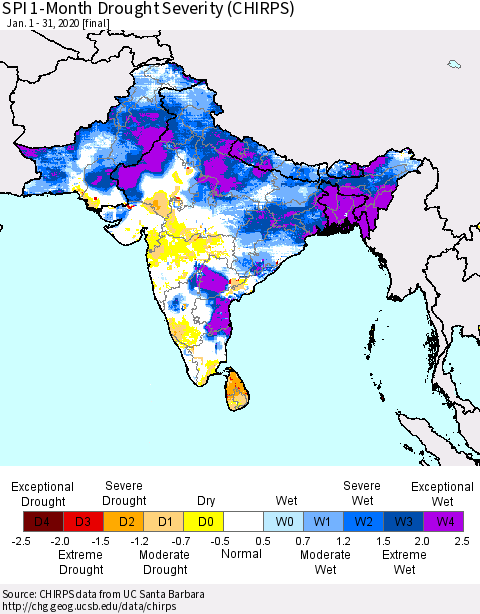 Southern Asia SPI 1-Month Drought Severity (CHIRPS) Thematic Map For 1/1/2020 - 1/31/2020