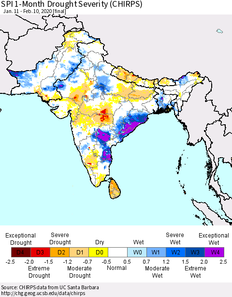 Southern Asia SPI 1-Month Drought Severity (CHIRPS) Thematic Map For 1/11/2020 - 2/10/2020