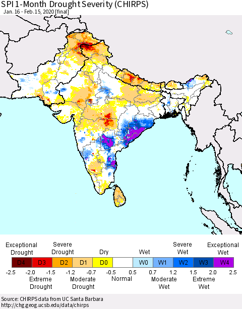 Southern Asia SPI 1-Month Drought Severity (CHIRPS) Thematic Map For 1/16/2020 - 2/15/2020