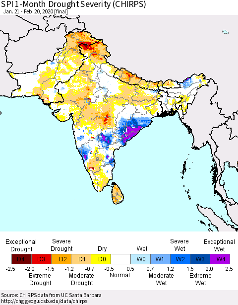 Southern Asia SPI 1-Month Drought Severity (CHIRPS) Thematic Map For 1/21/2020 - 2/20/2020