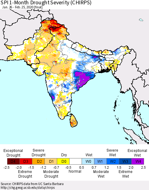 Southern Asia SPI 1-Month Drought Severity (CHIRPS) Thematic Map For 1/26/2020 - 2/25/2020