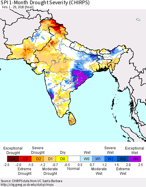 Southern Asia SPI 1-Month Drought Severity (CHIRPS) Thematic Map For 2/1/2020 - 2/29/2020