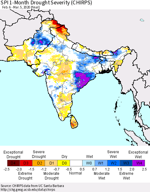 Southern Asia SPI 1-Month Drought Severity (CHIRPS) Thematic Map For 2/6/2020 - 3/5/2020
