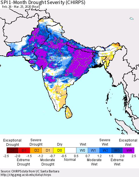 Southern Asia SPI 1-Month Drought Severity (CHIRPS) Thematic Map For 2/26/2020 - 3/25/2020