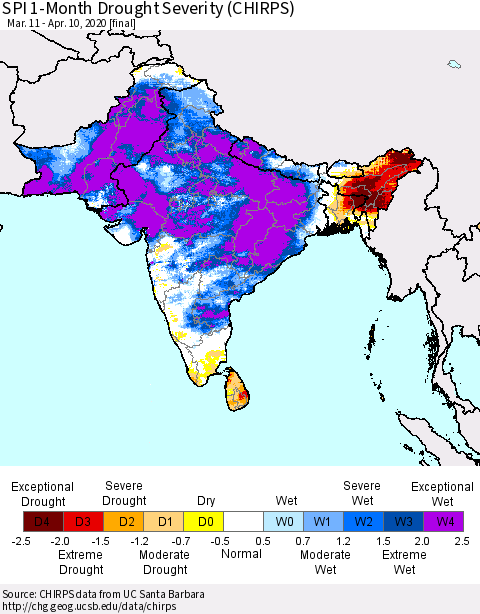 Southern Asia SPI 1-Month Drought Severity (CHIRPS) Thematic Map For 3/11/2020 - 4/10/2020
