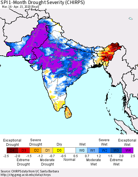 Southern Asia SPI 1-Month Drought Severity (CHIRPS) Thematic Map For 3/16/2020 - 4/15/2020
