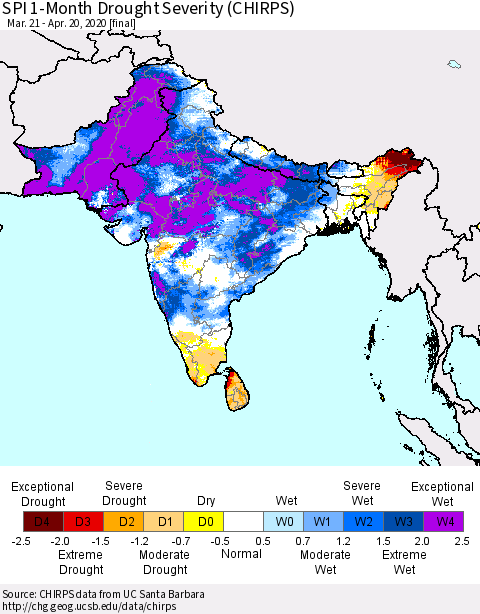 Southern Asia SPI 1-Month Drought Severity (CHIRPS) Thematic Map For 3/21/2020 - 4/20/2020