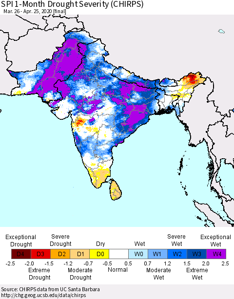Southern Asia SPI 1-Month Drought Severity (CHIRPS) Thematic Map For 3/26/2020 - 4/25/2020