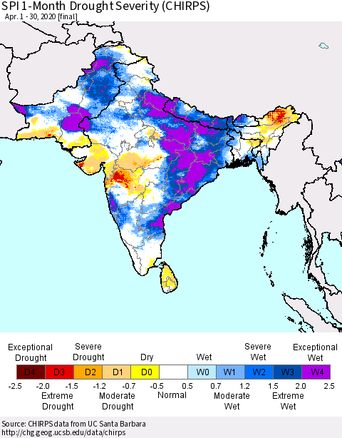 Southern Asia SPI 1-Month Drought Severity (CHIRPS) Thematic Map For 4/1/2020 - 4/30/2020