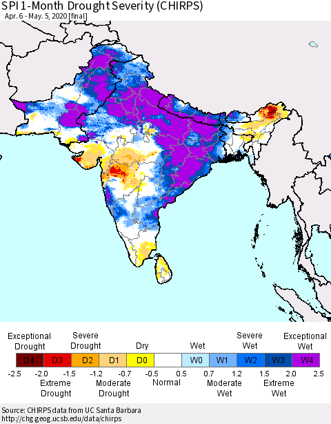 Southern Asia SPI 1-Month Drought Severity (CHIRPS) Thematic Map For 4/6/2020 - 5/5/2020