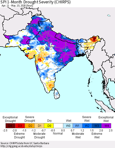 Southern Asia SPI 1-Month Drought Severity (CHIRPS) Thematic Map For 4/11/2020 - 5/10/2020