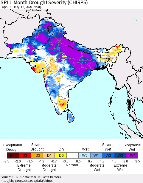 Southern Asia SPI 1-Month Drought Severity (CHIRPS) Thematic Map For 4/16/2020 - 5/15/2020