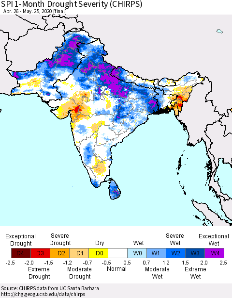 Southern Asia SPI 1-Month Drought Severity (CHIRPS) Thematic Map For 4/26/2020 - 5/25/2020