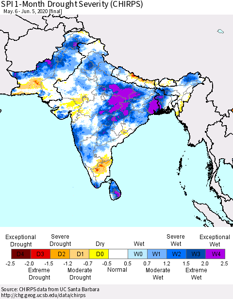 Southern Asia SPI 1-Month Drought Severity (CHIRPS) Thematic Map For 5/6/2020 - 6/5/2020